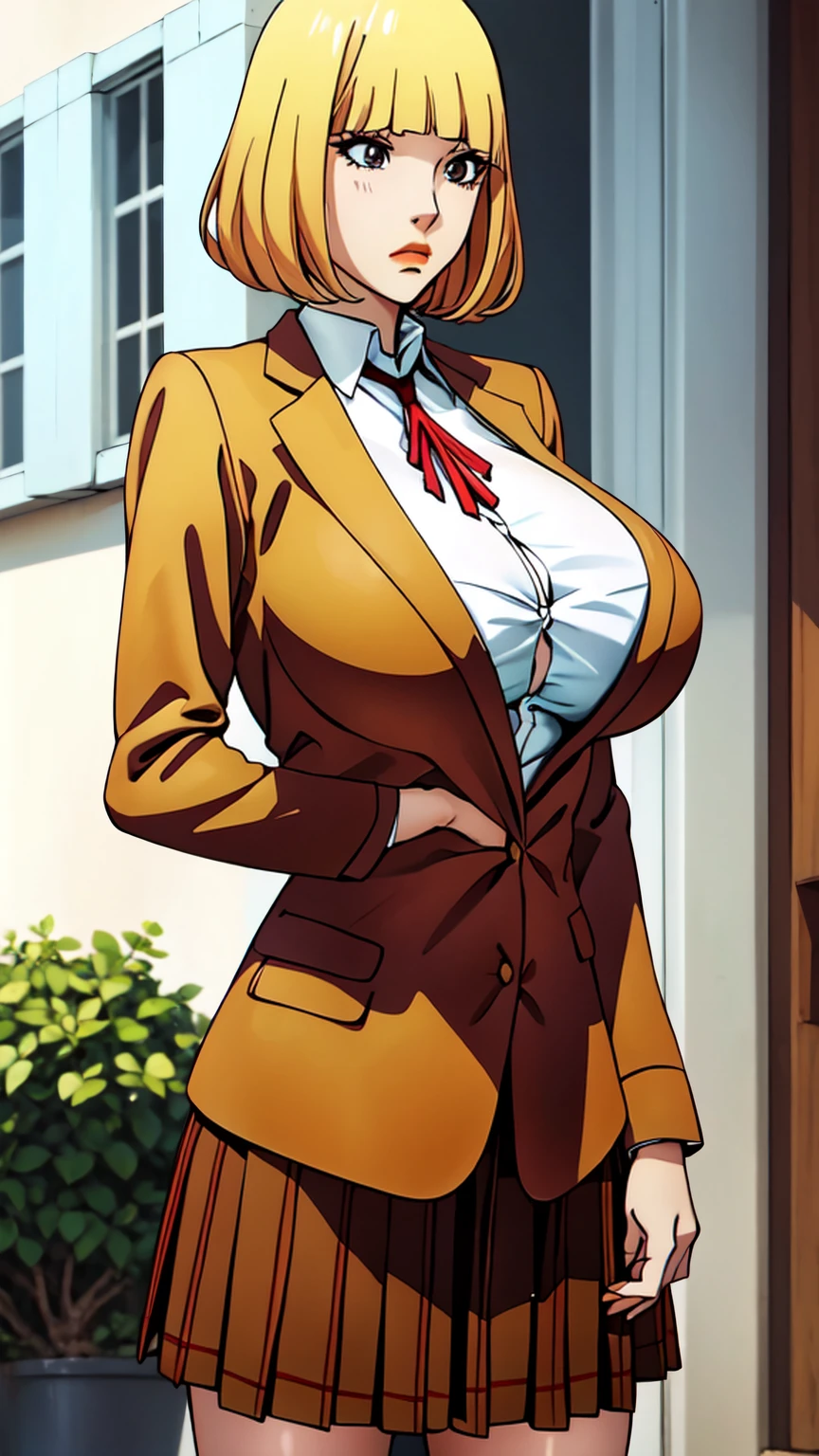 HnMdrkw-KJ , brown eyes , brown jacket, collared shirt, neck ribbon, plaid skirt, school uniform, blonde hair, Masterpiece, 8k, top-quality, best quality, official art, Beauty and Aesthetics, extremely detailed, full color, huge breast, serpentine body,