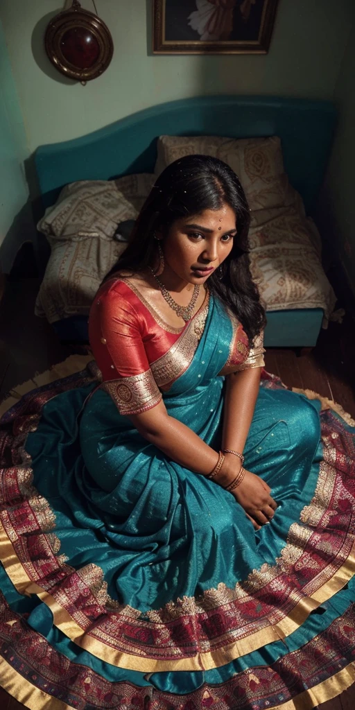 Day scene, full body photo of a plus sized 23 year old indian with a man from top view, (Masterpiece, Best Quality, High Resolution), class room Background, (cum Splash on her blouse and face, cum Splash on her breasts, Splash of cum, cum Splash on her gown, cum Splash on her eys), Sweet 35 year old South indian teacher sitting on a class room chair ( both legs raised in air)with a man, hour glass body red lips naked, lightly makeup,ultra realistic, realistic, look at viewer (cinematic:1.3), intricate details,