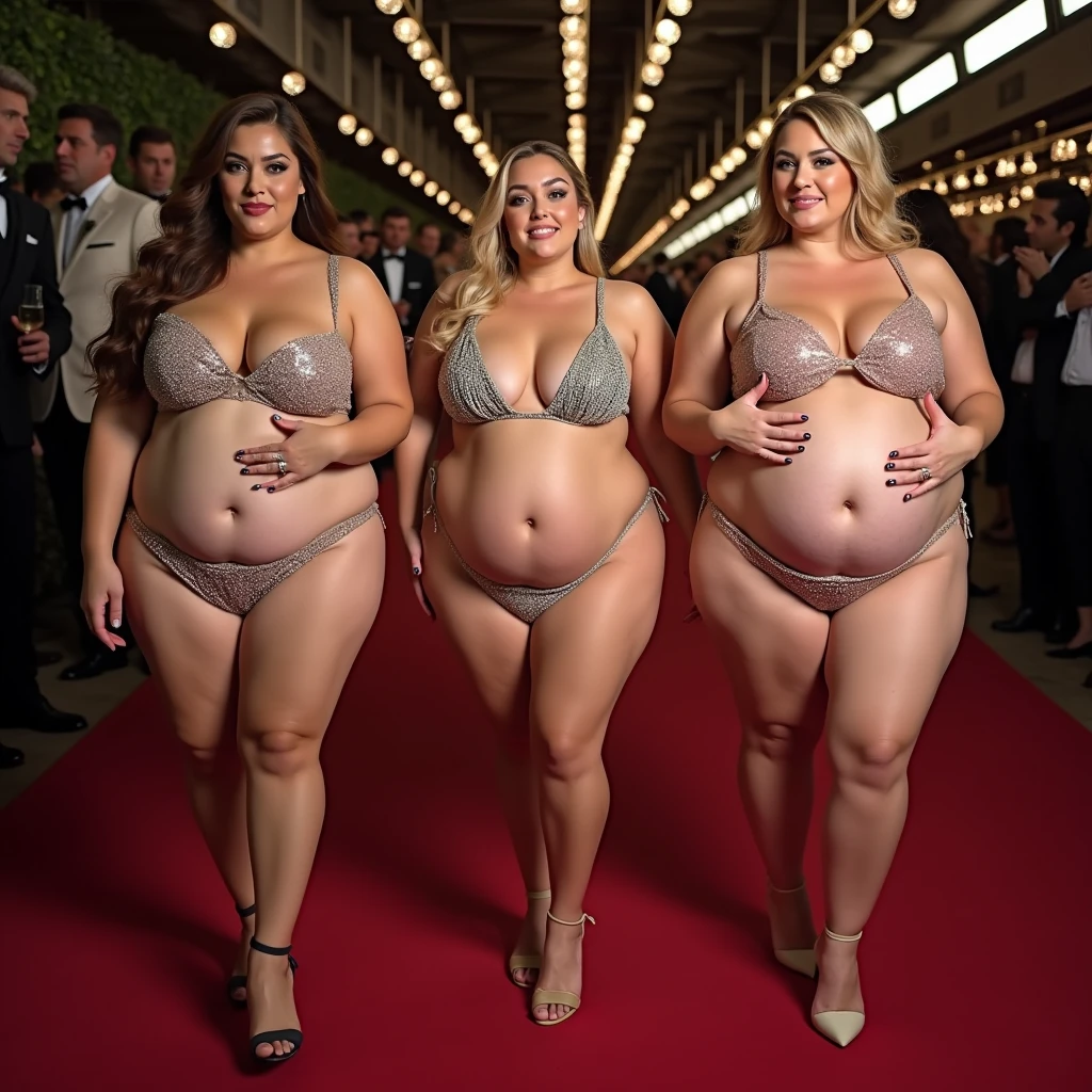 Three women are obese with lots of belly fat, like Tess Holliday, they are plus size models with beautiful faces, they are wearing glittery bikinis and humping each other's bellies, they are obese Brazilian sumo wrestlers with very large bellies, they are distended and covered with a lot of fat, they have nicely saggy bellies and only one navel dimple, they are on the red carpet at the Oscars, 4K quality, low angle