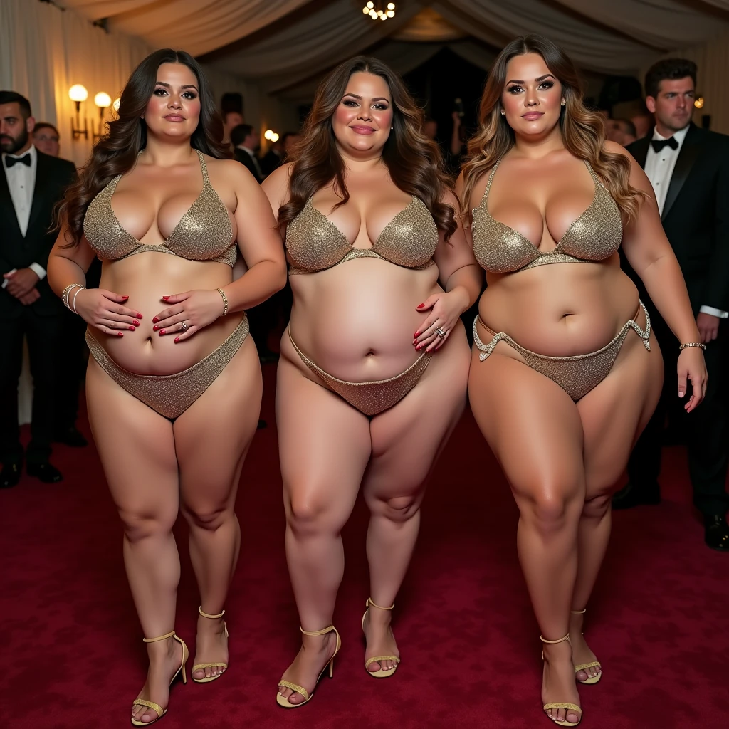 Three women are obese with lots of belly fat, like Tess Holliday, they are plus size models with beautiful faces, they are wearing glittery bikinis and humping each other's bellies, they are obese Brazilian sumo wrestlers with very large bellies, they are distended and covered with a lot of fat, they have nicely saggy bellies and only one navel dimple, they are on the red carpet at the Oscars, 4K quality, low angle