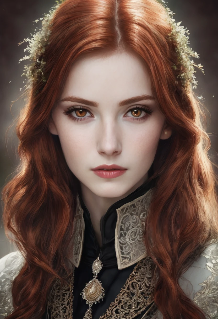 A 20 year old redhead girl, evil look, thin white skinned, elegant, Brown eyes