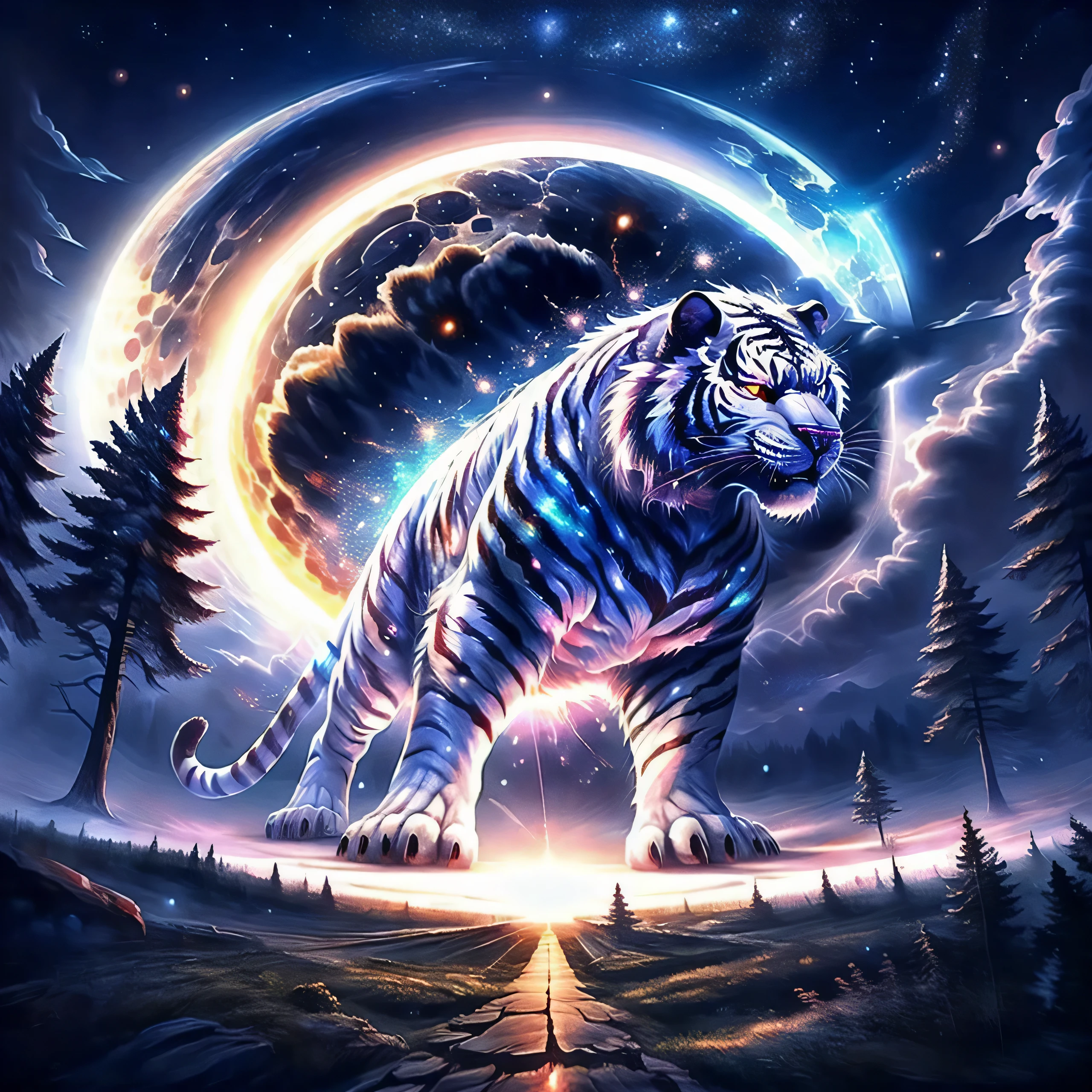 extensive landscape photography (a view from below showing the sky above and an open forest below), white tiger standing on a paved path looking at the landscape, full fur, magical fur (light particle around the white tiger), magic particle, magical fur (long and bushy), night setting, (full moon: 1.2), (shooting stars: 0.9), (nebula: 1.3), (warm light source: 1.2), (firefly: 1.2), (snowflake: 1.0), (snow on tree) (masterpiece: 1.2), (best quality), 4k, ultra detailed, (dynamic composition: 1.4), very detailed and colorful details, (iridescent colors: 1.2), (bright lighting, ambient lighting), dreamy, magical, (alone: ​​1.2)