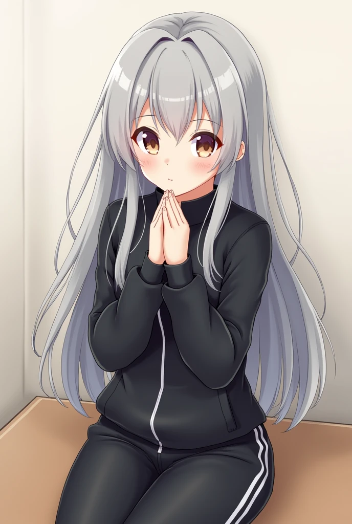 Gray hair anime school girl sitting and putting both hands together and smiling on her face wearing black tracksuit