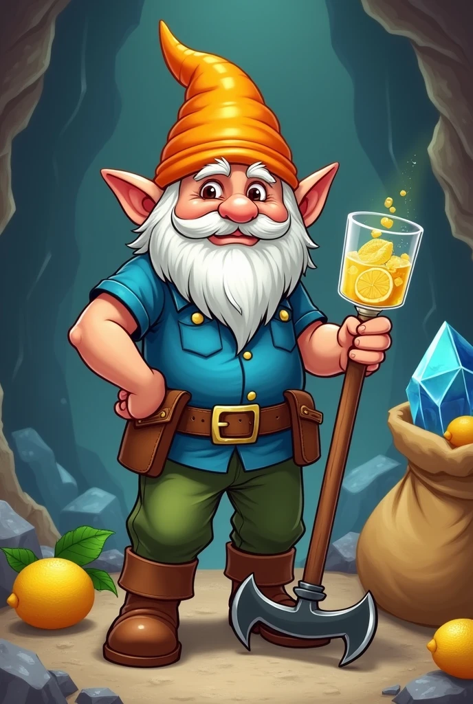 Draw a mining gnome with human features. He wears a blue shirt, green pants, brown boots and belt, and an orange hat. The gnome is leaning on a pickaxe with one hand and holding a glass of lemonade with the other., containing a lemon slice and a citrine crystal. He loves lemonade and citrine crystals..The setting is a cave with geodes or shiny gemstones in the background.. ao redor, put a bag or cart full of citrus fruits and some lemons.