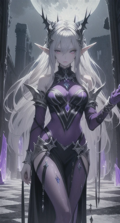 Silver skin, silver moon, ancient elf, rare, cursed maiden, celestial armor, beautiful girl, long icy hair, violet glowing eyes, silver skin, palace ruins,