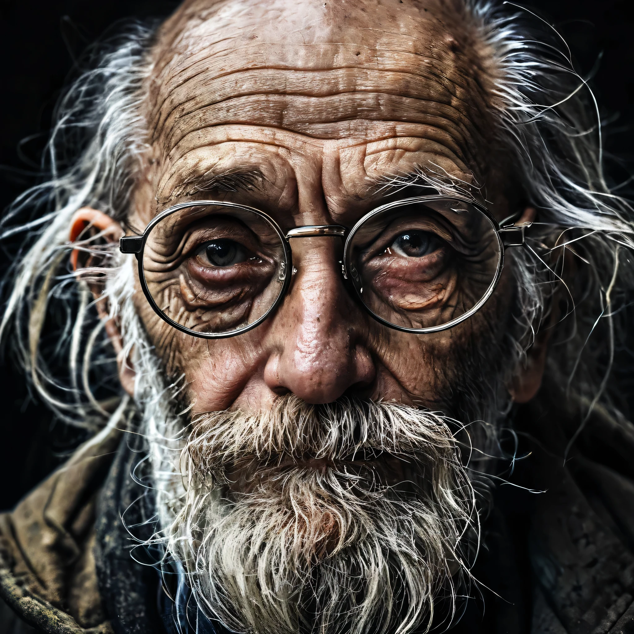 a close up of a man with a beard and round glasses, almost bald. a photo of a disheveled man, portrait photo of an old man, by Lee Jeffries, cyberpunk old man, inspired by Lee Jeffries, an old man, wise old man, the look of an elderly person, by Matija Jama, donald trump as a homeless man