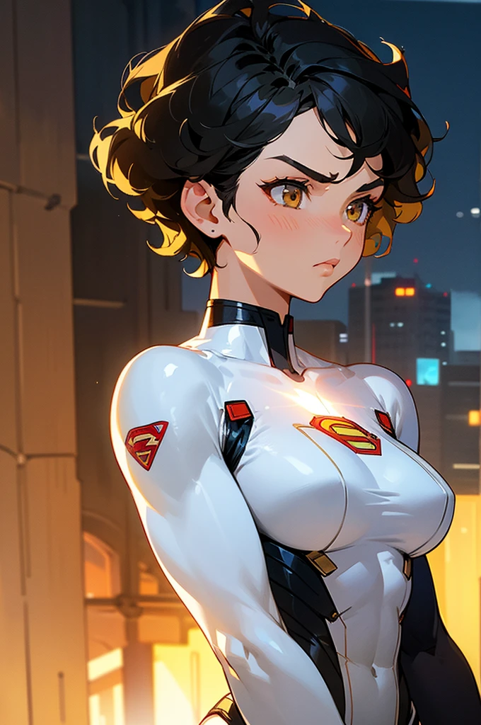 1female , undercut hair , wavy hair ,short hair, black Hair , golden Eyes , muscular , female , Serious Expression , Modern City Background , Big symbol on chest, modern city background, upper body, superman shirt, arm, white arm sleeves, superhero suit, Superman S Symbol, lesbian, blonde highlights, white leotard outfit,