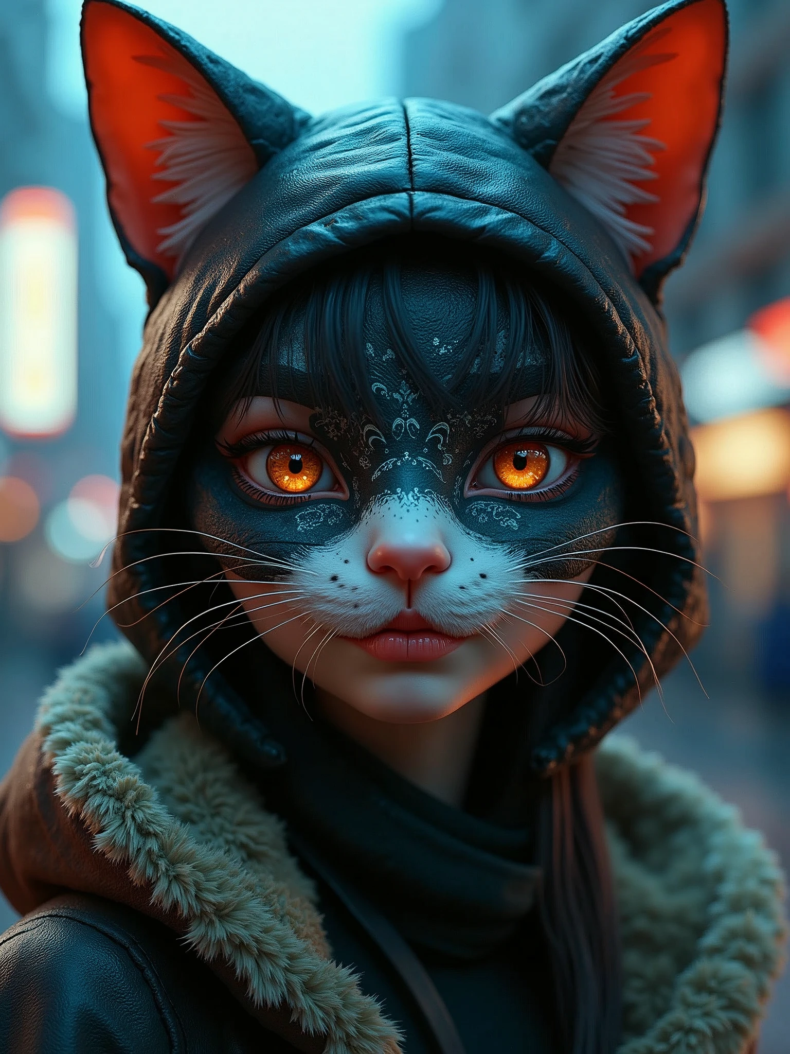 a close up of a person wearing a cat mask, trending on cgsociety, digital art, stefan koidl inspired, stylized urban fantasy artwork, for hire 3d artist, anthropomorphic female cat