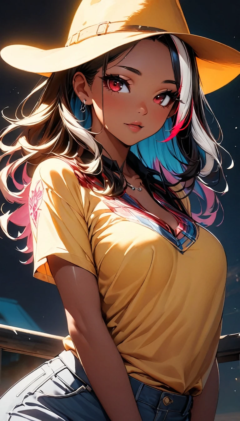 (highest quality:1.2, Very detailed, up to date, Vibrant, Ultra-high resolution, High Contrast, masterpiece:1.2, highest quality, Best aesthetics), Portraiture、girl、singer, solo, ((25-years-old:1)), Bright colors, Beautiful fine details、Beautiful lip detail、medium wave hair、(red and white (streaked hair:1.6)), highlights hair: 1.5, red eyes, slim body, medium breast, (tan skin:1.1), (Floral Fineline tattoo design on left arm:1), ((sexy cowgirl:1.5)), (wear yellow cowboy hat:1.5), short sleeve plaid shirt, jeans, farm house, blue sky, (cowboy shot:1.5),