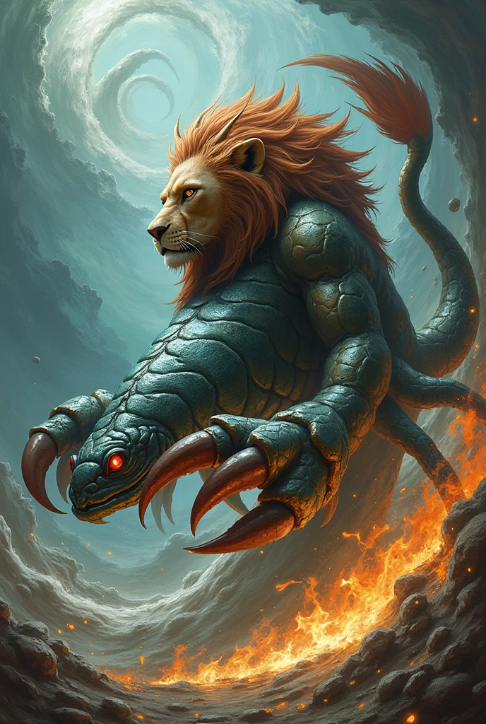 An animal that mixes:
- Fish body.
- Scorpion claw and tail, cannot have lion elements in the tail, It has to be completely the same as a scorpion.
- Lion head - Water and fire background.
- The tail should appear above the head.
- The animal must be attacking with a threatening look.