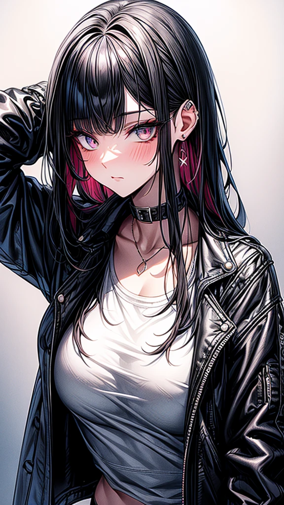 high resolution, Anatomically correct, best quality, Highly detailed, 1 girl, looking at the audience, Anatomically correct, best quality, colorful hair, Hair highlights, white hair, black hair, Uneven hairstyles, Uneven bangs, I have very long hair., full bangs, big breasts, Dark makeup, Embarrassed, Light blush on the cheeks, Dark eyes that are multi-colored, Gradient eye color, The left and right eyes are different colors., Chin foot, Close-up photography, Anime style,mature body, black leather jacket and rippedJean and white tank top.