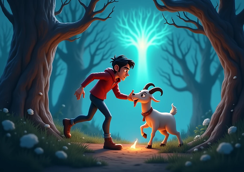 A haunted forest behind and a glowing tree there, a man saving the life of a goat in the front 3d cartoon images