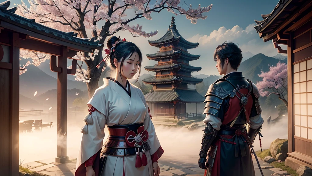 Create a serene and mystical scene set in an ancient Japanese landscape. In the foreground, a majestic cherry blossom tree with white, glowing blossoms stands prominently, casting a soft, ethereal light. The tree's delicate petals shimmer with an otherworldly glow, illuminating the surrounding area. In the background, traditional samurai architecture, such as ornate wooden pagodas and stone lanterns, can be seen partially obscured by mist. Samurai warriors in traditional armor are visible in the distance, their figures blending harmoniously with the tranquil ambiance of the scene. The overall atmosphere should evoke a sense of timeless beauty and ancient magic