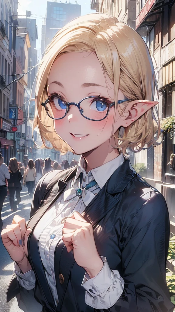 Very close、((Focus on the upper body))、16K、masterpiece、High resolution、High resolution、((1 young elven woman))、((Beautiful white skin))、((Beautiful blonde、Very Short Hair、Wide forehead visible、Glasses))、((Beautiful Blue Eyes))、((Pointed Ears))、Smiling Kindly、blush、((Formal wear))、((In a crowded city))、Courting me