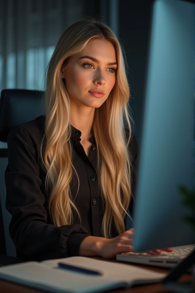 a pretty one with long blonde hair, detailedeyes, nase, and lips, wearing professional clothing, sitting in his office, using your computer, HP computer (best qualityer,4K,8k,high resolution,work of art:1.2),ultra detali,(realisitic,photorealisitic,photo-realisitic:1.37),HDR,studio lighting,extremely detailed face and body, portraite,cinematic lighting,dramatic lighting,warm color tones,dramatic colors