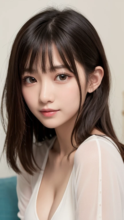 bright表情、Photorealistic Stick:1.32、Highest quality、Ultra-high resolution、Photos of the most beautiful Japan girls、Cute and beautiful face details、Small face、(Dealing with the Children_v1:0.008)、美しいbangs、、Glowing White Skin、Hair gets tangled in the face、顔まで伸びるbangs、bangs、Hair between the eyes、short hair、Attractive brown silky hair、bright、Clear light blue eyes sparkle charmingly、Ample breasts、Nipples、ダイナミックなポーズHighest quality、Confused、((The cutest girl in the world))、Japanese、14 years old on the sofa bed、((See-through shirt:1.3))、(Half Up Hair:1.3)、(Tie with a thin ribbon)、Nice and cute、An innocent smile、nice smile、uneven chest、(Small breasts:1.3)、ponytail、Brown Hair、Tight waist、Beautiful eyes in every detail、look forward to、Full body close-up、Front view、