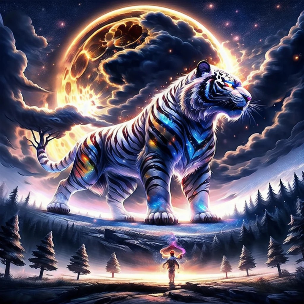 extensive landscape photography (a view from below showing the sky above and an open forest below), white tiger standing on a paved path looking at the landscape, full fur, magical fur (light particle around the white tiger), magic particle, magical fur (long and bushy), night setting, (full moon: 1.2), (shooting stars: 0.9), (nebula: 1.3), (warm light source: 1.2), (firefly: 1.2), (snowflake: 1.0), (snow on tree) (masterpiece: 1.2), (best quality), 4k, ultra detailed, (dynamic composition: 1.4), very detailed and colorful details, (iridescent colors: 1.2), (bright lighting, ambient lighting), dreamy, magical, (alone: ​​1.2)