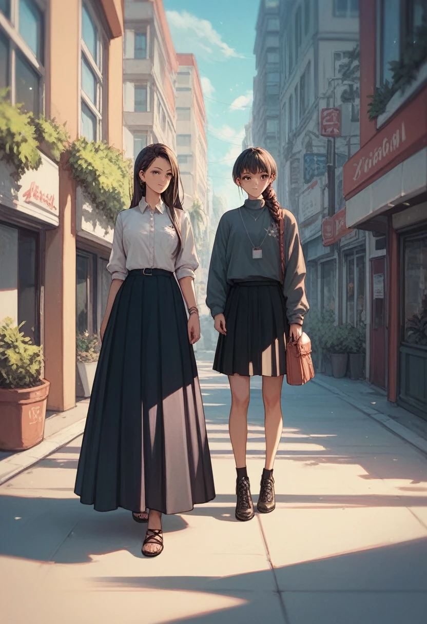 Girl, black long skirt , skirt is very long , volume skirt,street,standing ,anime