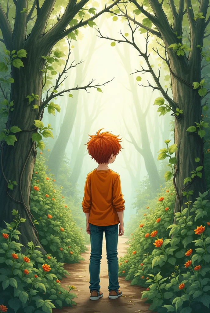 A lost red-haired boy with a melancholic green gaze, in an orange long-sleeved shirt and jeans in a vast thorny garden. in watercolor 