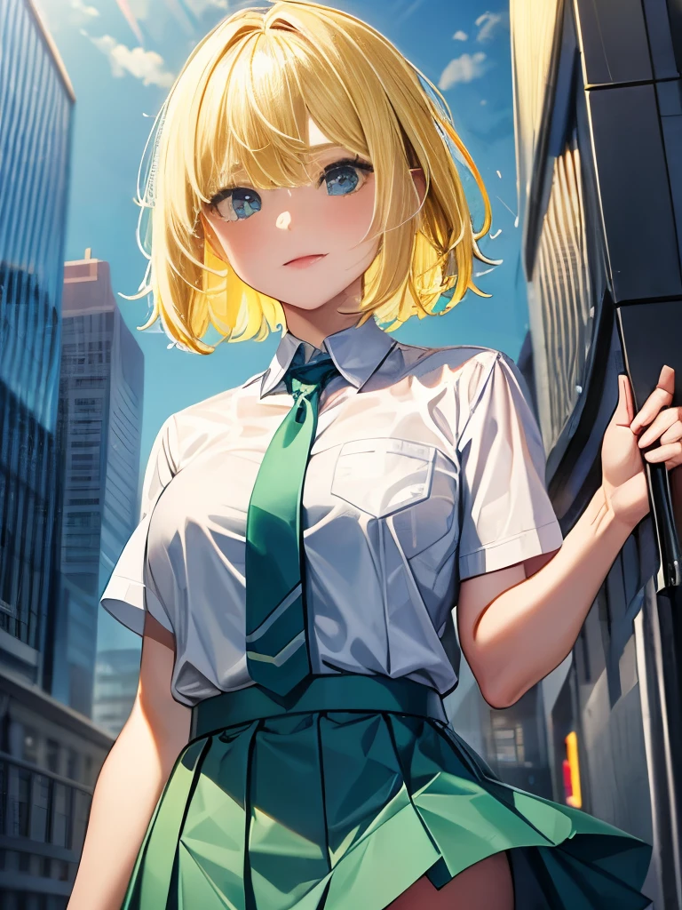One girl, Blonde, short hair, blue eyes, White shirt, Green tie, Green Skirt, city, rain, Detailed Background