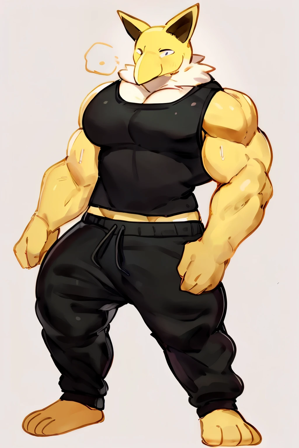 Furry, Anthro, solo, Hypno, Male, (((muscular body, massive thighs, massive male pectorals, yellow skin, fluffy neck, wearing white fur around neck, pointing))), ((((massive biceps)))), ((((((massive bulky torso, wearing black tanktop, wearing black sweatpants, wide-eyed, head tilted)))))), full body, black/yellow spraypainted background, by buta99, by zackary911, by bebebebebe, (((digital painting)))