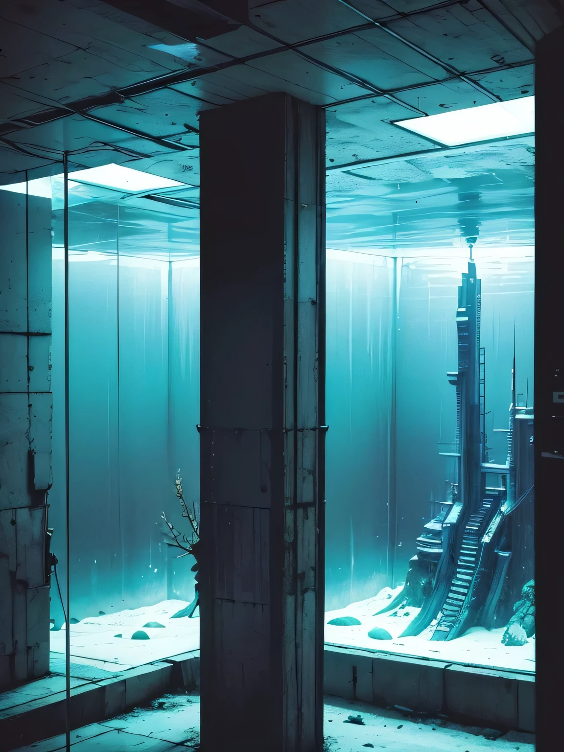 An giant aquarium hidden inside an underground brutalist megacomplex, black and white and cyan, Blame