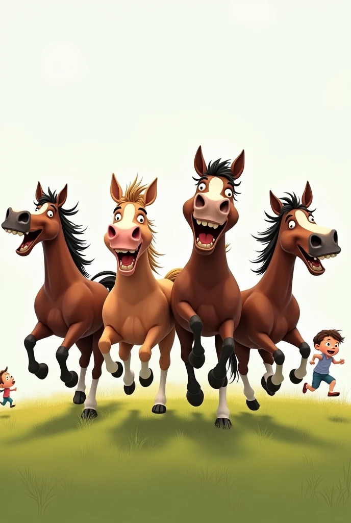 4 funny horses running on the meadow. 4 children with 4 happy emotions ,buồn, surprised, lovely. 3 children run in the same direction and 1 child runs back.. The 4 faces must be funny and stupid.. Horizontal photo. No humans appear, no human images only horses and 4 horses have to laugh and go crazy. Let's get rid of the grasslands and leave only the crazy and funny pictures of horses.