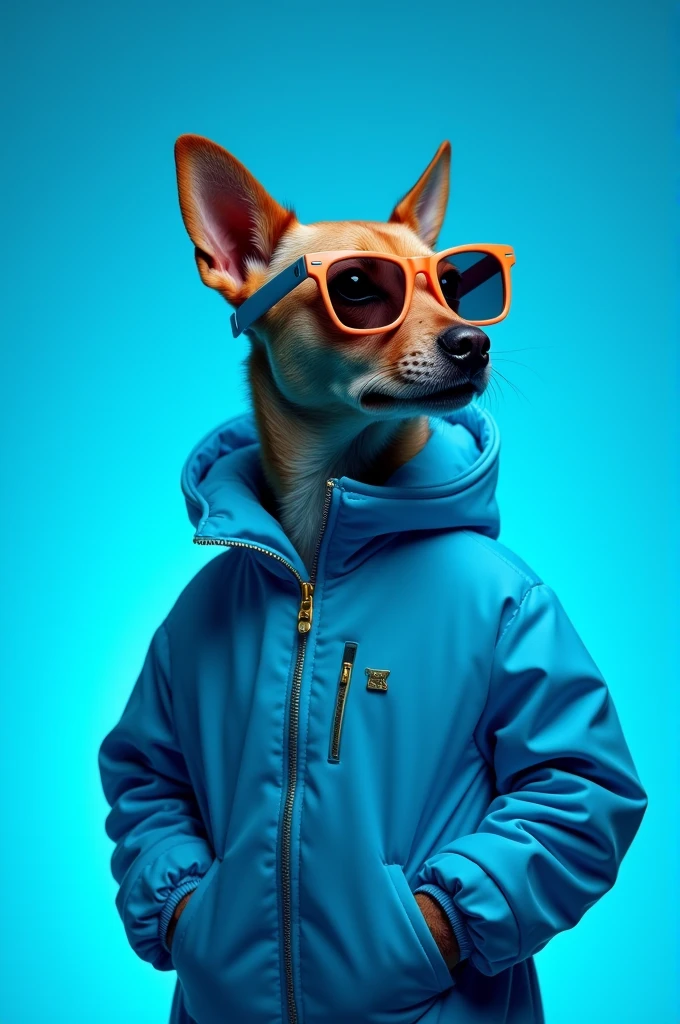 The best cell phone wallpaper, Award-Winning Wallpaper, portrait photography, In the front view is a portrait of a cute dog wearing mid-1960s space age fashion, Side view photo, Shot with Canon EOS R5, Set a strong contrast that accentuates the subject, Fluorescent blue tone, Wearing a very modern coat and sunglasses is a modern 1960s style, Clothes all in one color, beautiful background