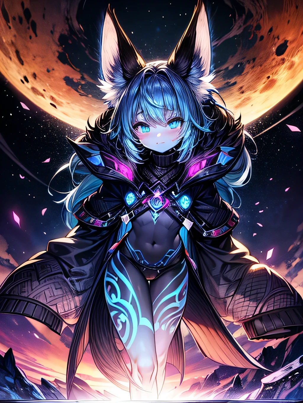 Black chacal girl, black dark fur high definition add_detail:1, black fur,kitsune ears, tribal tattoo add_detail:1,, mechon azul en el cabello,cosmic spacce landscape, pretty girl add_detail:3 18 year old girl, flirty look add_detail:3 ojos detallados pupilas radiantes add_detail, glowing blue eyes, vista de cuerpo completo, garras en sus pies, elemental girl, fullbody view add_detail