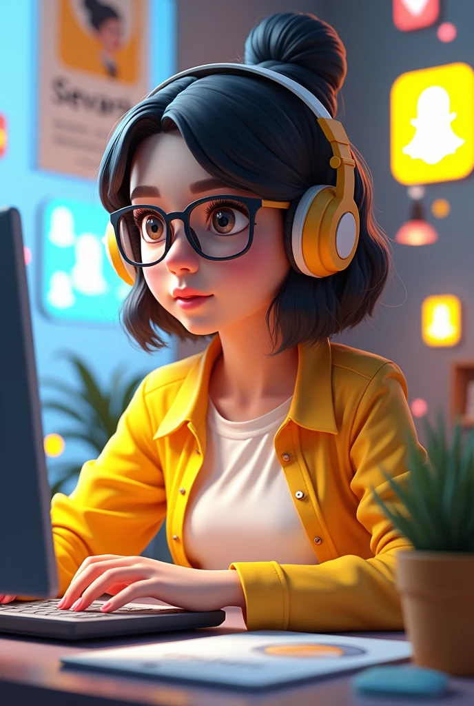 Create a 3D illustration featuring a realistic 20-year-old beautiful girl busy Developing software in front of a 3D logo of "SNAP CHAT" The girl wearing Yellow & white casual Shirts, with glasses, with headphones, The background of the image should showcase a social media profile page and the username "Sevara" and a matching profile picture and modify it according to your perspective.