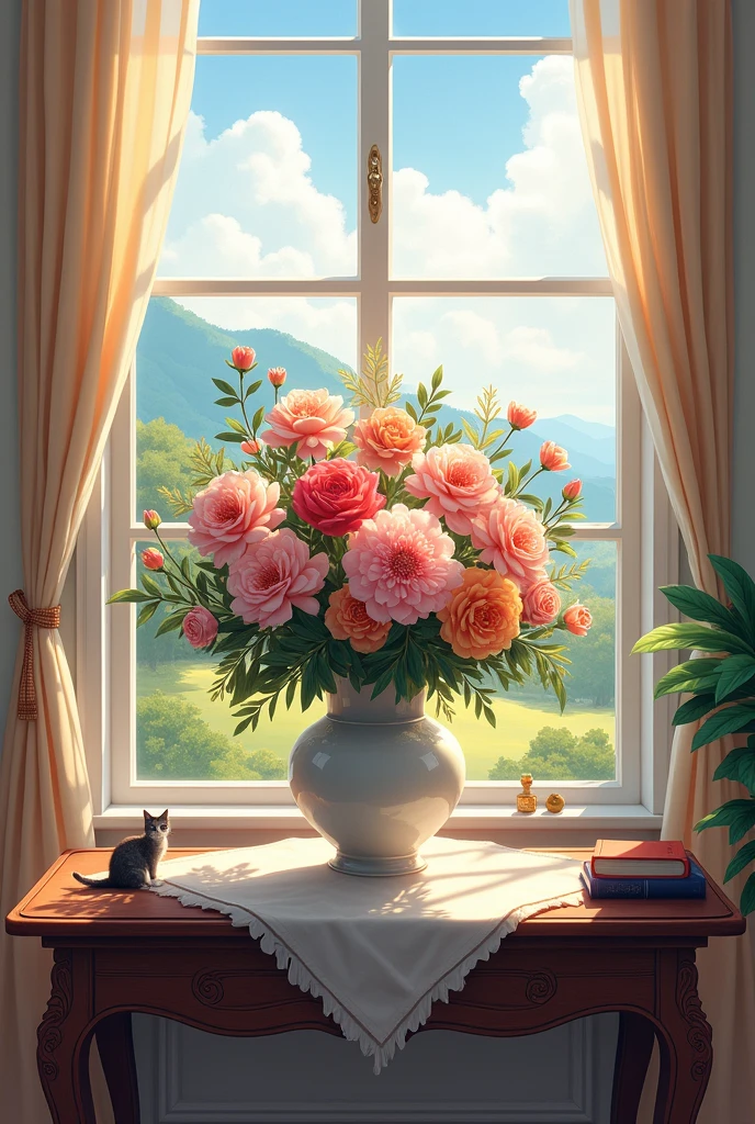 Vase with flowers on a table in the background a window with a landscape