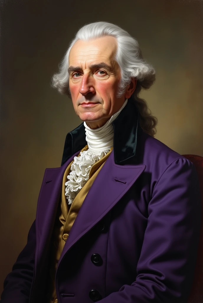 Create a painting in the style of George Washington's most famous painting of a man with medium-length white hair and a serious face wearing a purple overcoat and a white shirt.