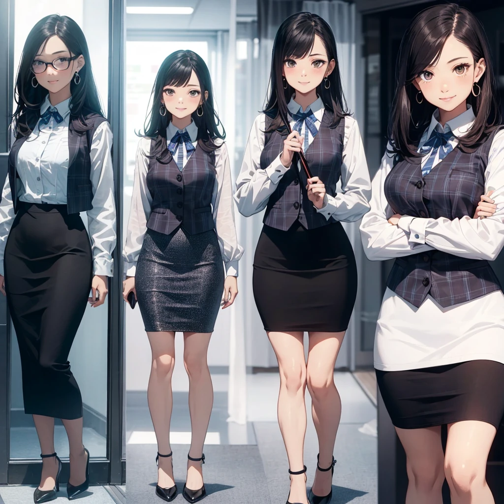 (Best Quality, Masterpiece),Wearing a pink plaid vest, White short sleeved shirt, Gray pencil skirt, Wear stiletto heels, Necklace, earrings, Cute face, Smile, Blushing, Shyness, Glass wall, Ultra Detail, Realistic, Front view, Whole body, stunning, cute, warm smile, hourglass figure, apron, text, chart, advertising, magazine title(Best Quality, Masterpiece), Mag((((1ladyl,)))) (masterpiece), (realistic), (best quality), (ultra-detailed), (wearing in [[white and gray check pattern]] Vest worn over white collared long-sleeved shirt:1.4), (gray vest with buttons:1.2), (Pink Theme:1.2), (blue ribbon ribbon:1.3), (Black theme:1.4), (Tight black pencil skirt:1.5), ((Brown pantyhose)), (high-heels:1.1),longskirt,office desk, office chair,Lulubre Unity 8K Wallpaper, pantyshot, long brown hair, office lady Magazine Cover, 1girl,  amazing, girl, 30 years old, house wiife, warm smile, hourglass figure, text, chart, advertising, magazine title
