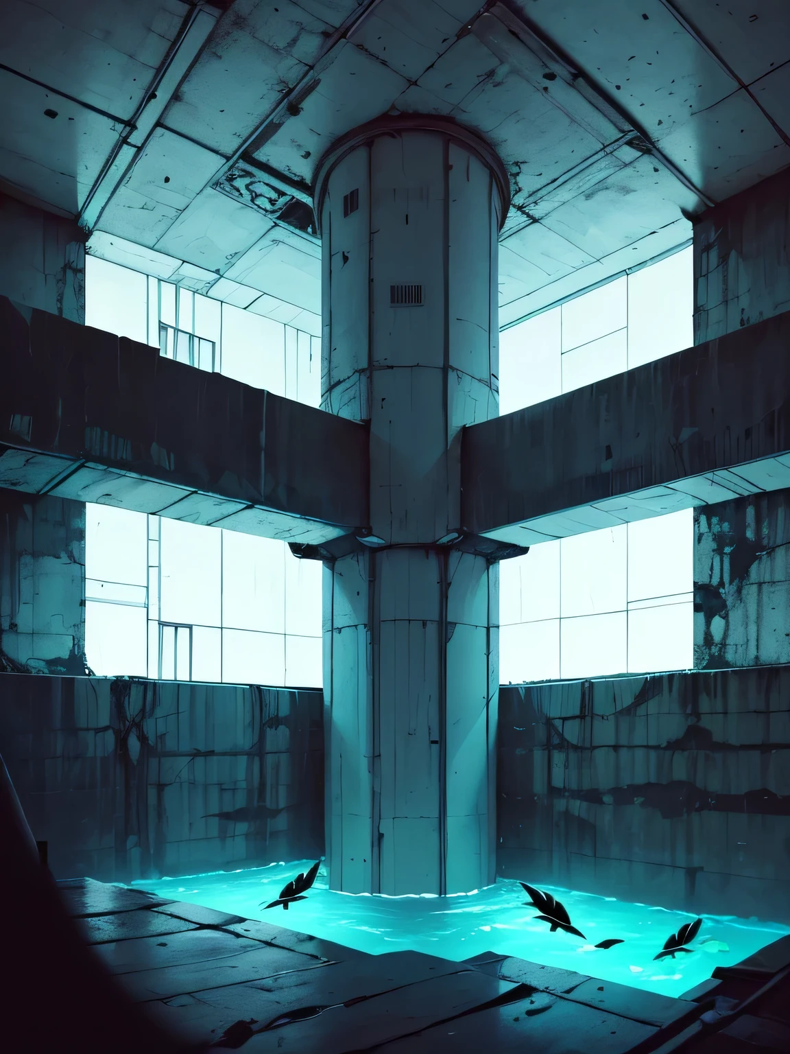 An giant aquarium hidden inside an underground brutalist megacomplex, black and white and cyan