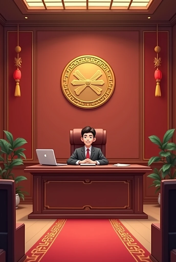 Please help me generate a cartoon image of a Chinese courtroom,There must be a judge seat and、The defendant's seat,The space does not need to be large,Can be used well with games《Good fortune》The fusion of characters。