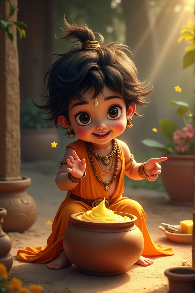 Lord shree Krishna as a child, mischievously stealing butter from a clay pot, with a warm and playful expression.