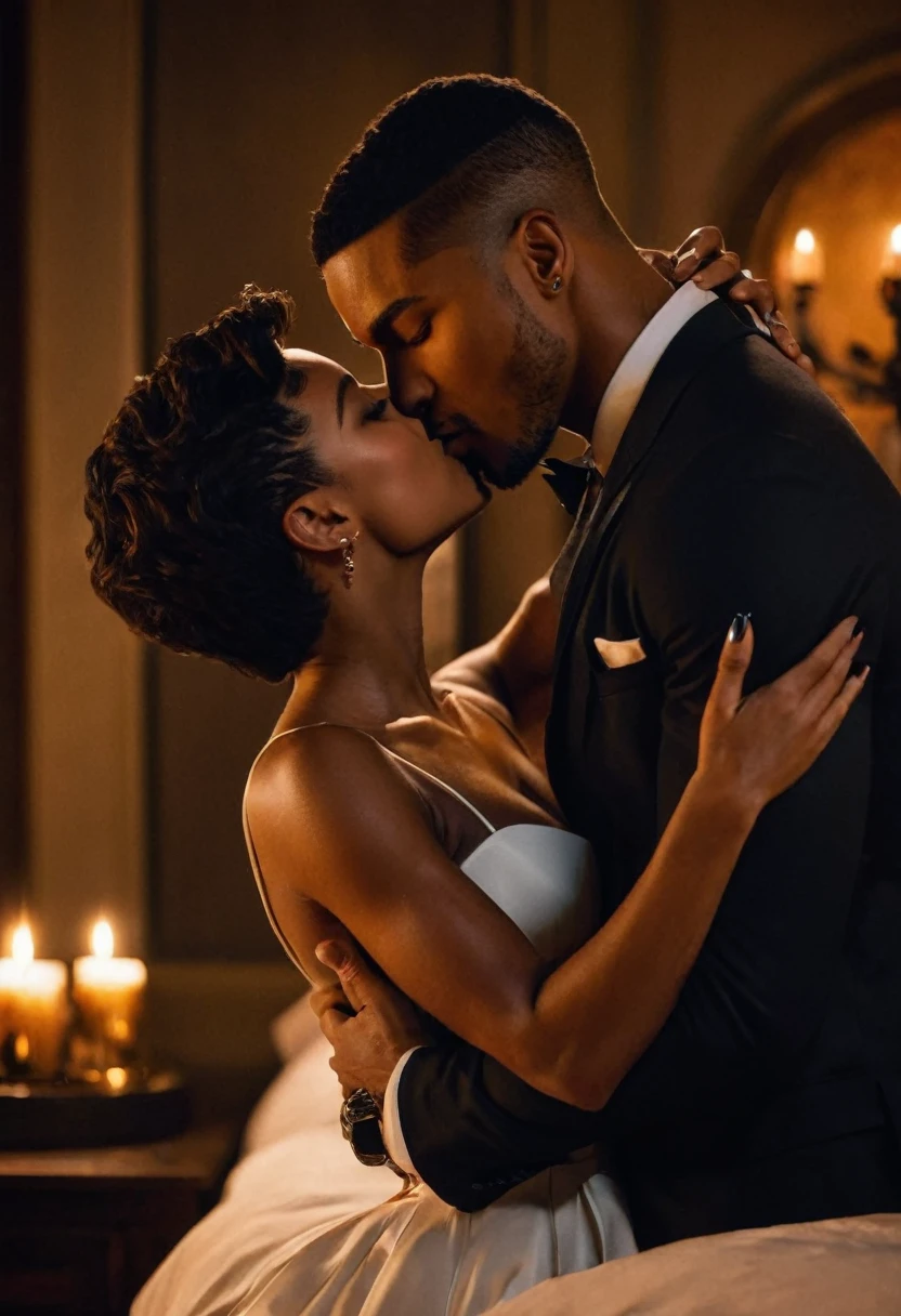 Ruby Rose and a handsome African American male whose facial features are a combo of Charles Michael Davis + Rome Flynn + Jovan Adepo share a steamy kiss inside a bedroom lit only by candlelight. Ruby has lovely makeup on her face. Nighttime. Romantic ambiance. Symmetrical eyes. Symmetrical faces. Lovely details. Photorealistic. Full-colored photo. Professional photo. Highly detailed 8K.