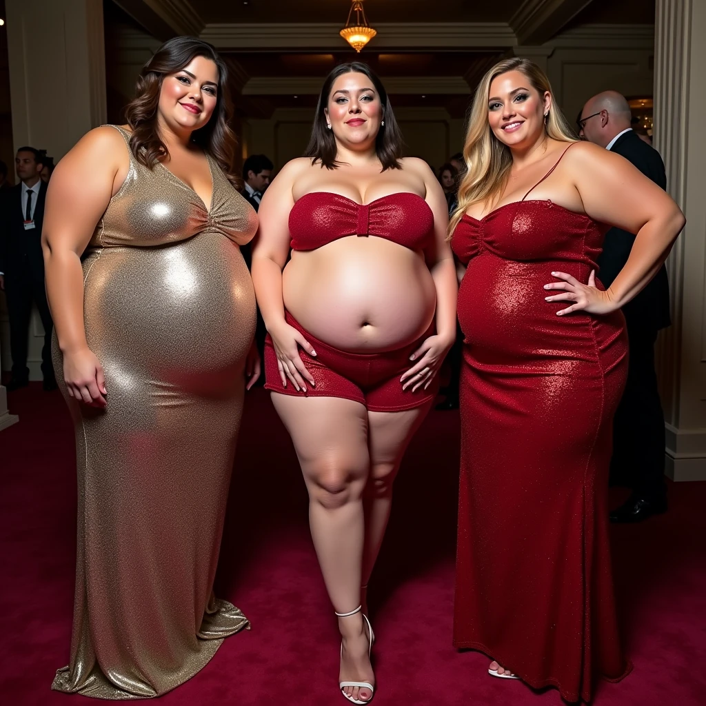 Three women are obese with lots of belly fat, like Tess Holliday, they are plus size models with beautiful faces, they are wearing glittering dresses and banging their bellies against each other, they are obese American sumo wrestlers with very large bellies, they are distended and covered with a lot of fat, they have nicely saggy bellies and only one navel dimple, they are on the red carpet at the Oscars, 4K quality, low angle
