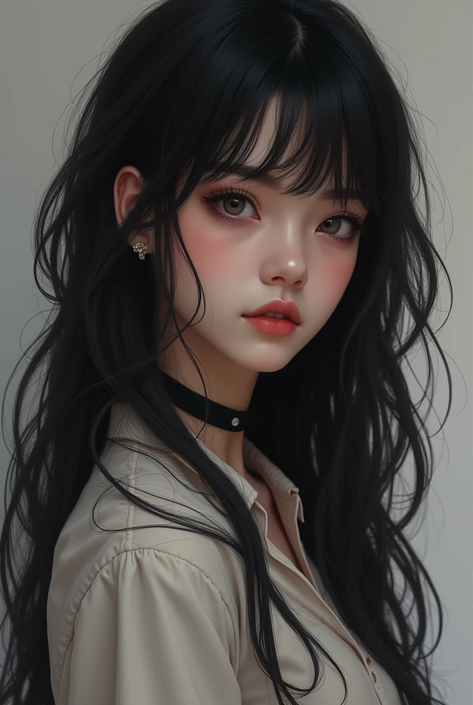 age girl, black hairr, pelo largo, grey clothes