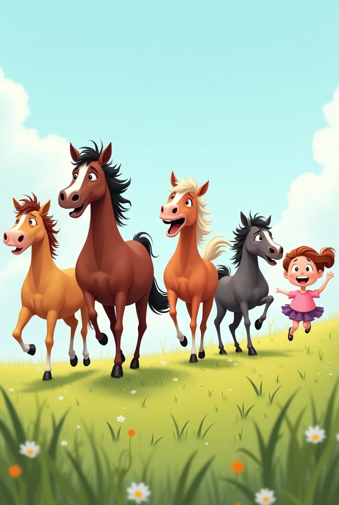 4 funny horses running on the meadow. 4 children with 4 happy emotions ,buồn, surprised, lovely. 3 children run in the same direction and 1 child runs back.. The 4 faces must be funny and stupid.. Horizontal photo. No humans appear, no human images only horses and 4 horses have to laugh and go crazy. Let's get rid of the grasslands and leave only the crazy and funny pictures of horses.. 4 horses of different colors