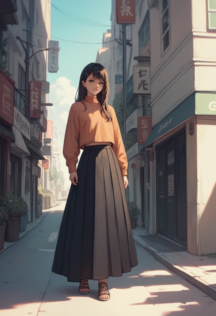 Girl, black long skirt , skirt is very long , volume skirt,street,standing ,anime