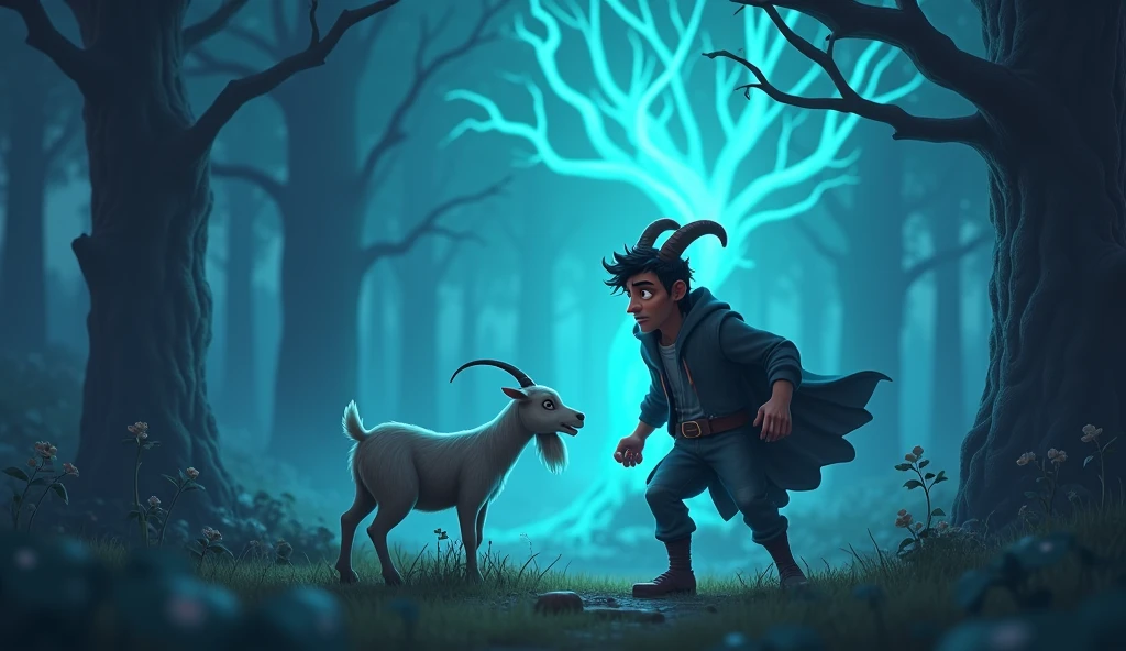 A haunted forest behind and a glowing tree there, a man saving the life of a goat in the front 3d cartoon images