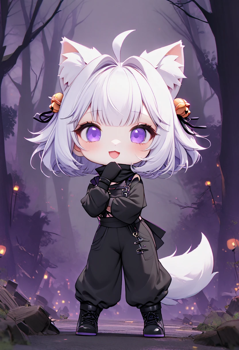 master piece, best quality, ultra-detailed, illustration, 1girl, solo, chibi, (big head), cute pose, front view, looking at viewer, ((full body Close up)), filian, filianoverall, Filiansailor, ((white hair)) , short hair, shoulder length hair, fly-away hair, bangs, purple hairclip, purple hair ornament, cat ears, (hair bell:1.3) ahoge, purple eyes, open mouth, smiling, (white fox tail), ((ninja outfit)), black long sleeves, black gloves, weilding 1katana , glowing sword , black long pants, black boots, spooky forest background, gloomy atmosphere, broken trees