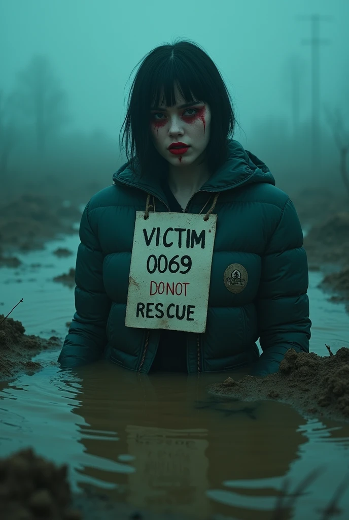 woman, bib "VICTIM 0069 DO NOT RESCUE", moncler ultra-short sporty collar only down jacket, muddy flared jeans, stuck in mud bog,pale ethnic patterns ritual makeup, cold, red lips, sexy posing, bob haircut, red fog, blue, green, posing, dynamic, sexy despair