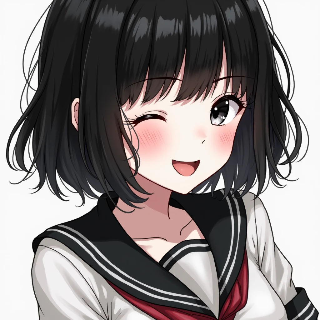 Black and White、Blushing、The eyes are a little narrow、A girl with black hair and a bob haircut with a look of pleasure、The photo mainly shows the subject from the neck up.、Wearing a sailor uniform、Illustration of sexual intercourse