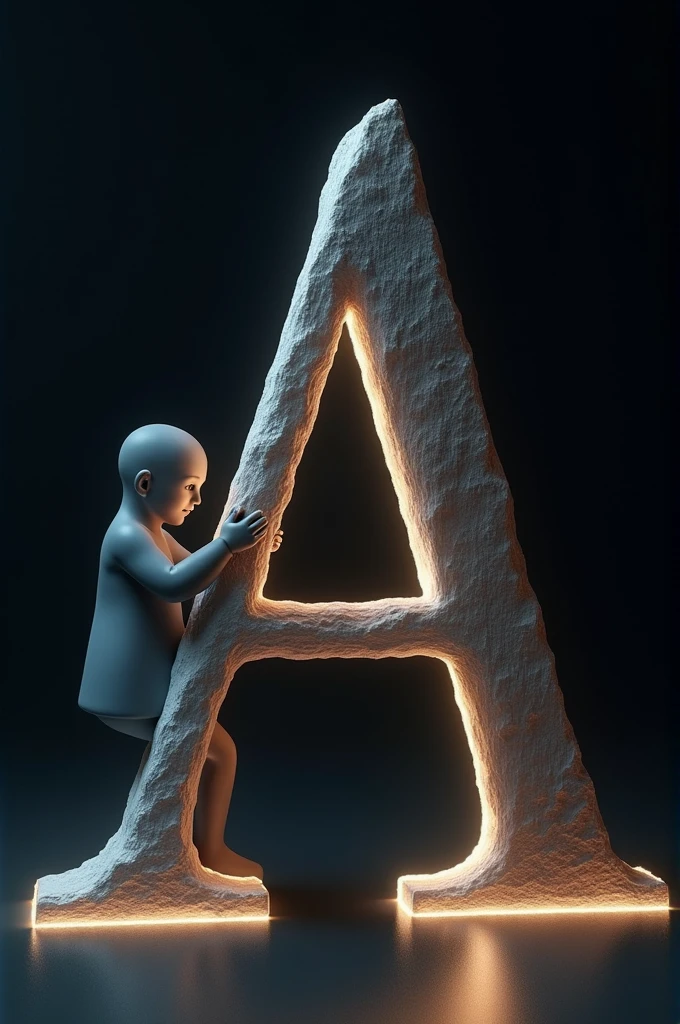 The background should be a dark gradient to keep the focus on the letter and the person. Ensure that the lighting gives a soft glow to the edges of the A 3D letter and casts subtle shadows to add depth