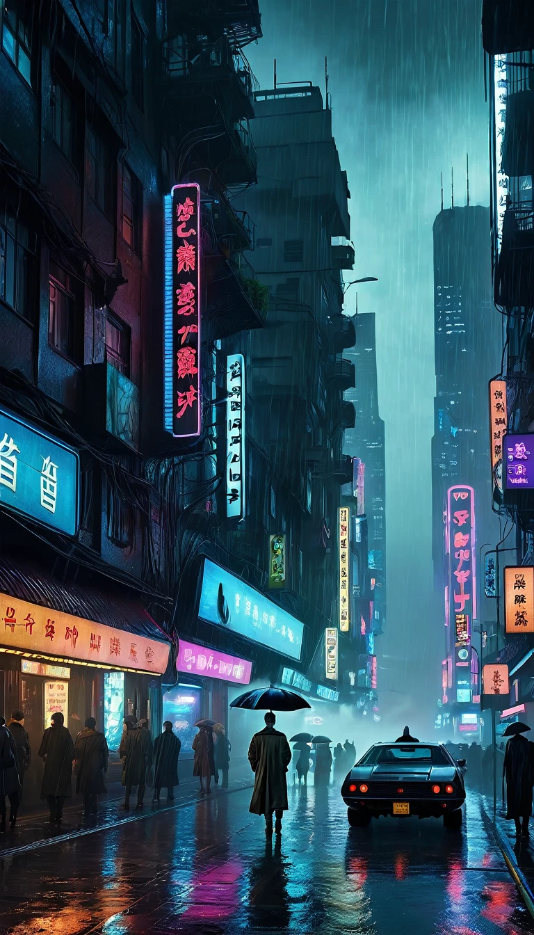 Vertion Dark Fantasy of Movie Blade Runner 2049, Panoramic view of City, NeoPunk, CiberPunk, Distopic City, Distopic View, Skine Line, Buildings, spinner vehicule, rain, ligths, smoke, nigth, realism, hiper realism, photo realism, perfection, master piece, beautiful view, mist, hologram, advertising, merkating, human, people, 8k, 4k. Sciencie fiction, architecture, android, robot.