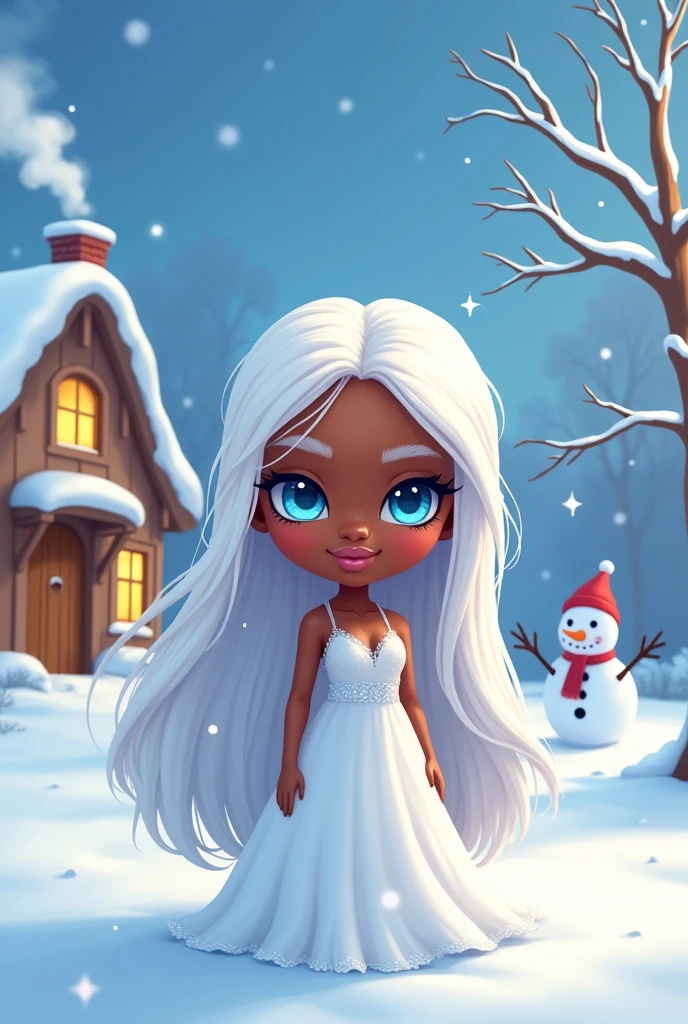 Black woman with long white hair in chibi, blue bright eyes,blue bright eyes,blue bright eyes, skin black, white gown, pink mouth, red cheek, snowy scenery with ice crystals, snowy scenery with ice crystals, snowman in the background, shining blue eyes, wooden cottage in the background with smoke coming out of the chimney and yellow windows