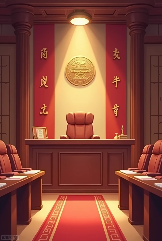 Please help me generate a cartoon image of a Chinese courtroom,Image scale 4:3,There must be a judge seat and、The defendant's seat,No characters needed,Can be used well with games《Good fortune》The fusion of characters。