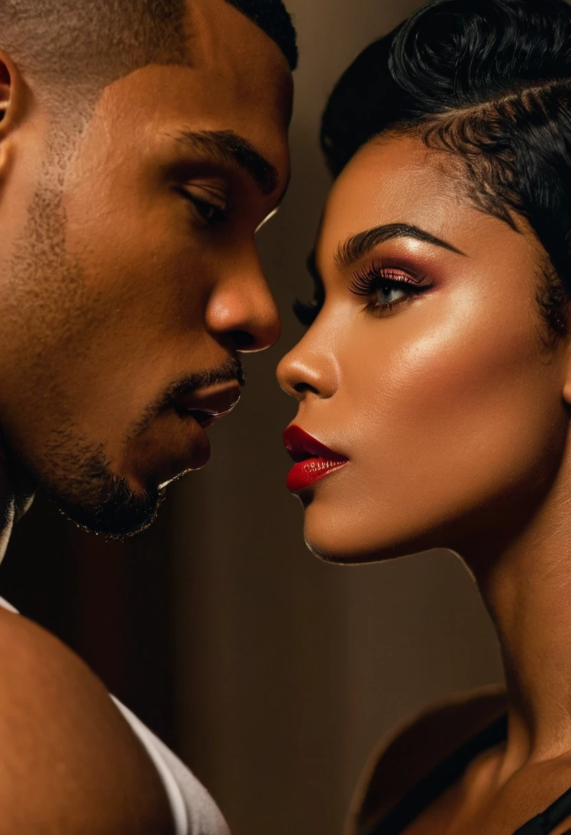 Ruby Rose and a handsome African American male whose facial features are a combo of Charles Michael Davis + Rome Flynn + Jovan Adepo share a steamy kiss inside a bedroom lit only by candlelight. Ruby has lovely makeup on her face. Nighttime. Romantic ambiance. Symmetrical eyes. Symmetrical faces. Lovely details. Photorealistic. Full-colored photo. Professional photo. Highly detailed 8K.